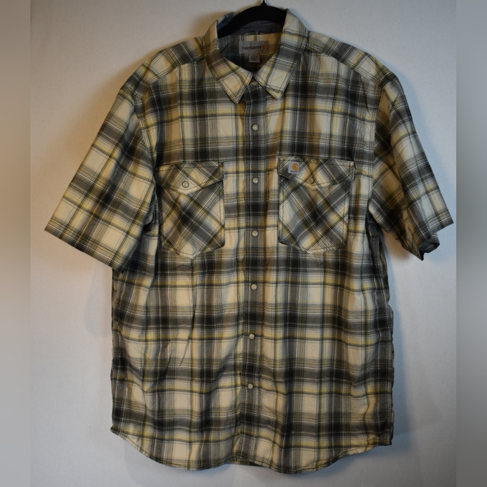 Carhartt Men's Relaxed Fit Plaid Short Sleeve Shirt - Green and Cream Size Large